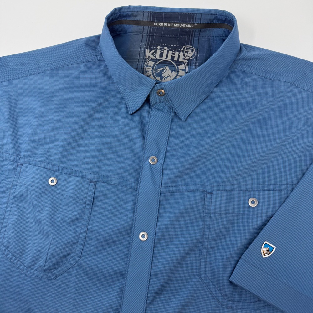 Kuhl Mens Blue Micro Grid Short Sleeve Snap Front Hiking Shirt 7453 XXL